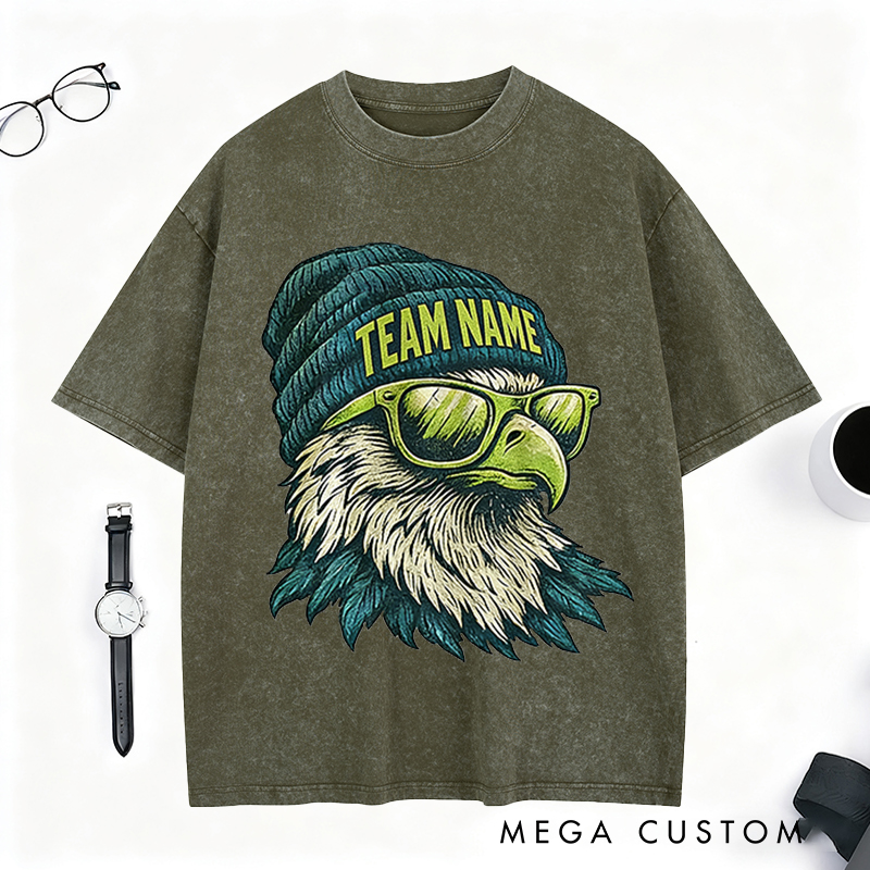 Personalized Football Mascot Washed T-Shirt with Beanie-Wearing Eagle and Custom Team Name for Football Enthusiasts