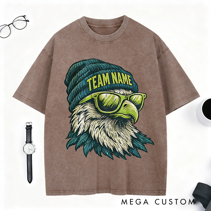Personalized Football Mascot Washed T-Shirt with Beanie-Wearing Eagle and Custom Team Name for Football Enthusiasts