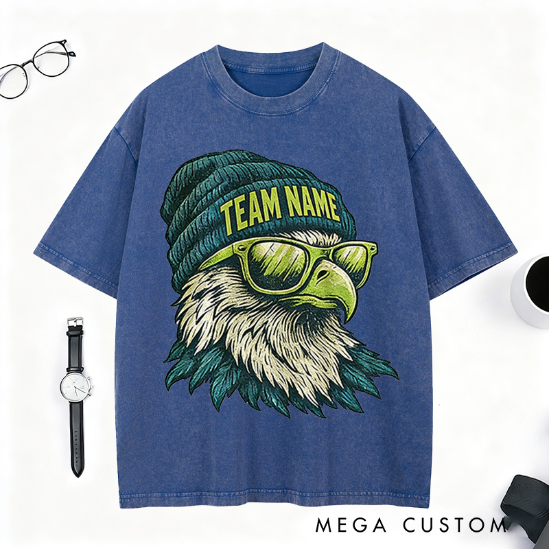 Personalized Football Mascot Washed T-Shirt with Beanie-Wearing Eagle and Custom Team Name for Football Enthusiasts