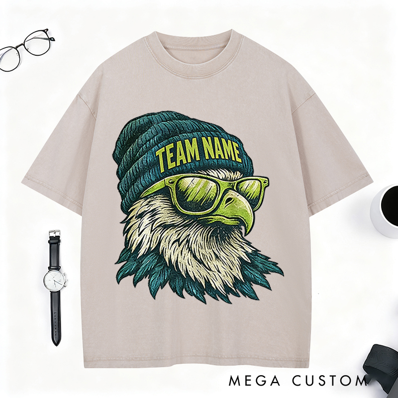 Personalized Football Mascot Washed T-Shirt with Beanie-Wearing Eagle and Custom Team Name for Football Enthusiasts