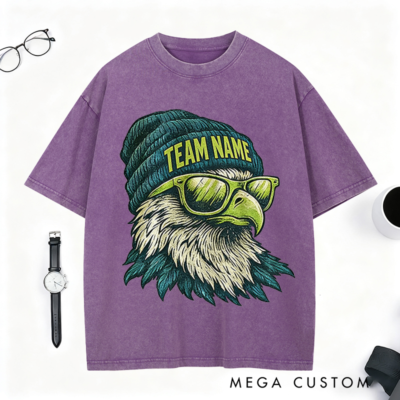 Personalized Football Mascot Washed T-Shirt with Beanie-Wearing Eagle and Custom Team Name for Football Enthusiasts