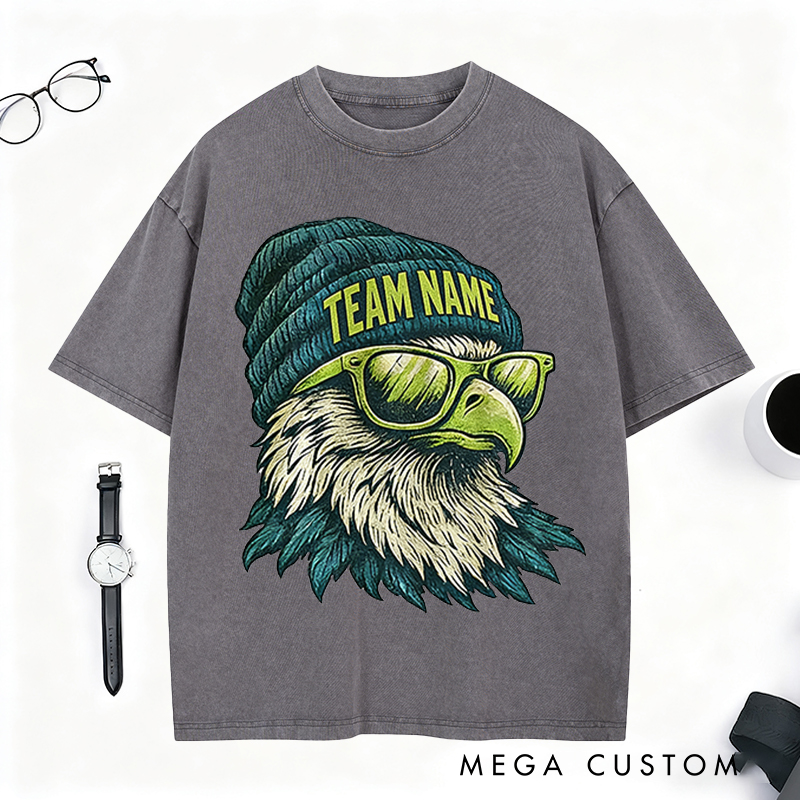 Personalized Football Mascot Washed T-Shirt with Beanie-Wearing Eagle and Custom Team Name for Football Enthusiasts