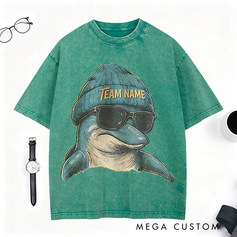 Personalized Retro Football Mascot T-Shirt with Dolphin Graphic and Team Name for Football Fans  