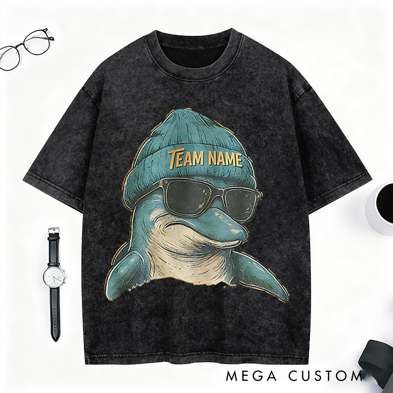Personalized Retro Football Mascot T-Shirt with Dolphin Graphic and Team Name for Football Fans  