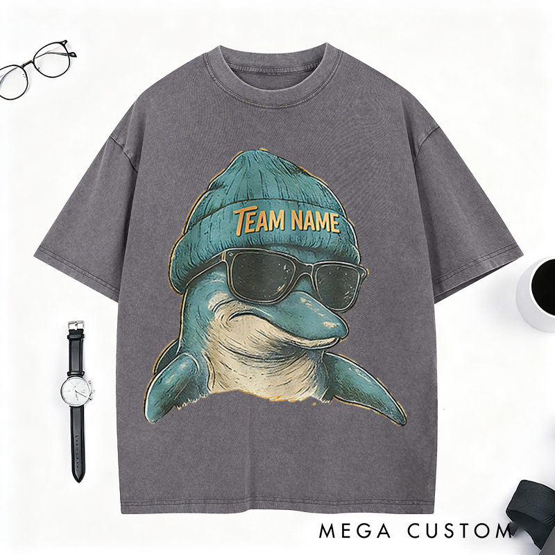 Personalized Retro Football Mascot T-Shirt with Dolphin Graphic and Team Name for Football Fans  