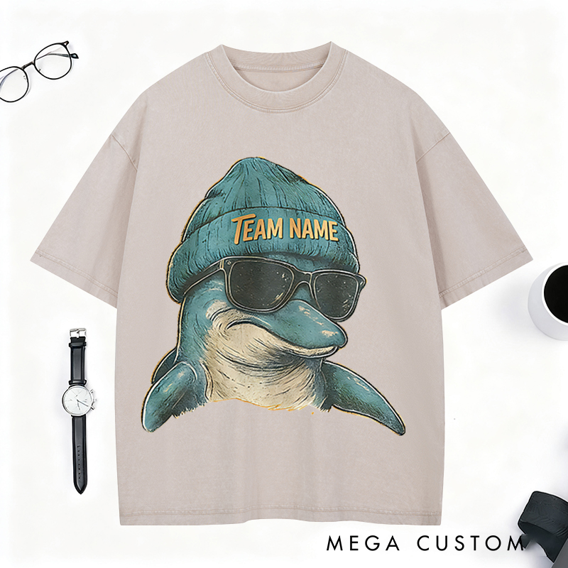 Personalized Retro Football Mascot T-Shirt with Dolphin Graphic and Team Name for Football Fans  
