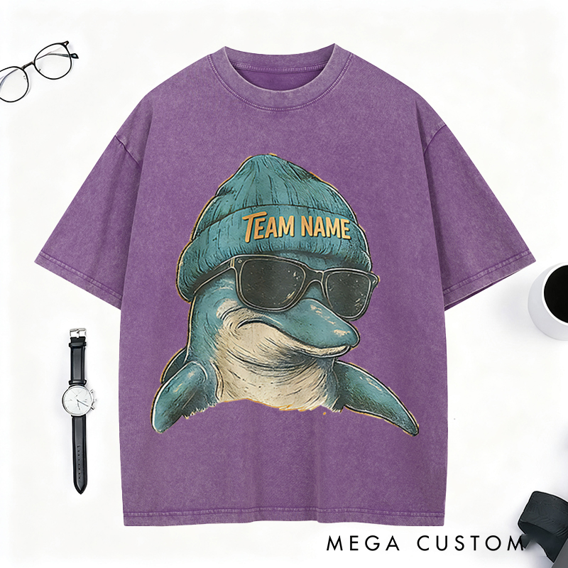 Personalized Retro Football Mascot T-Shirt with Dolphin Graphic and Team Name for Football Fans  