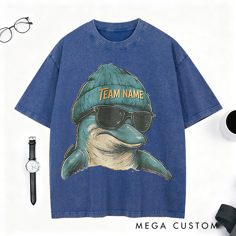 Personalized Retro Football Mascot T-Shirt with Dolphin Graphic and Team Name for Football Fans  
