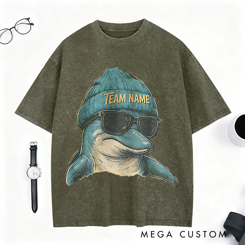 Personalized Retro Football Mascot T-Shirt with Dolphin Graphic and Team Name for Football Fans  