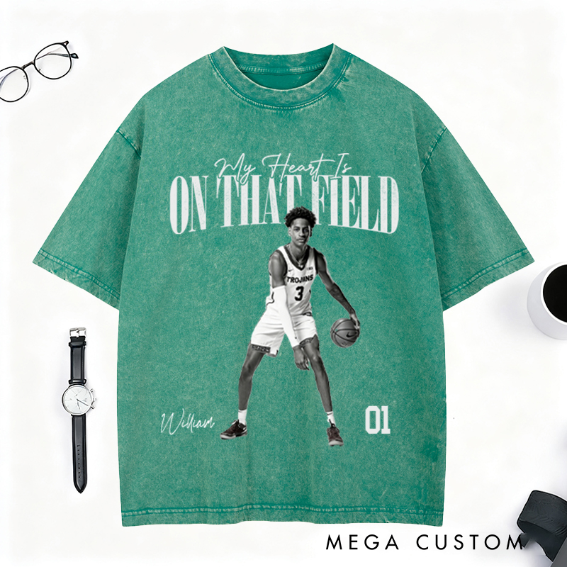 Personalized "My Heart Is on That Field" Washed T-Shirt with Custom Basketball Player Photo and Detail For Sport Fans