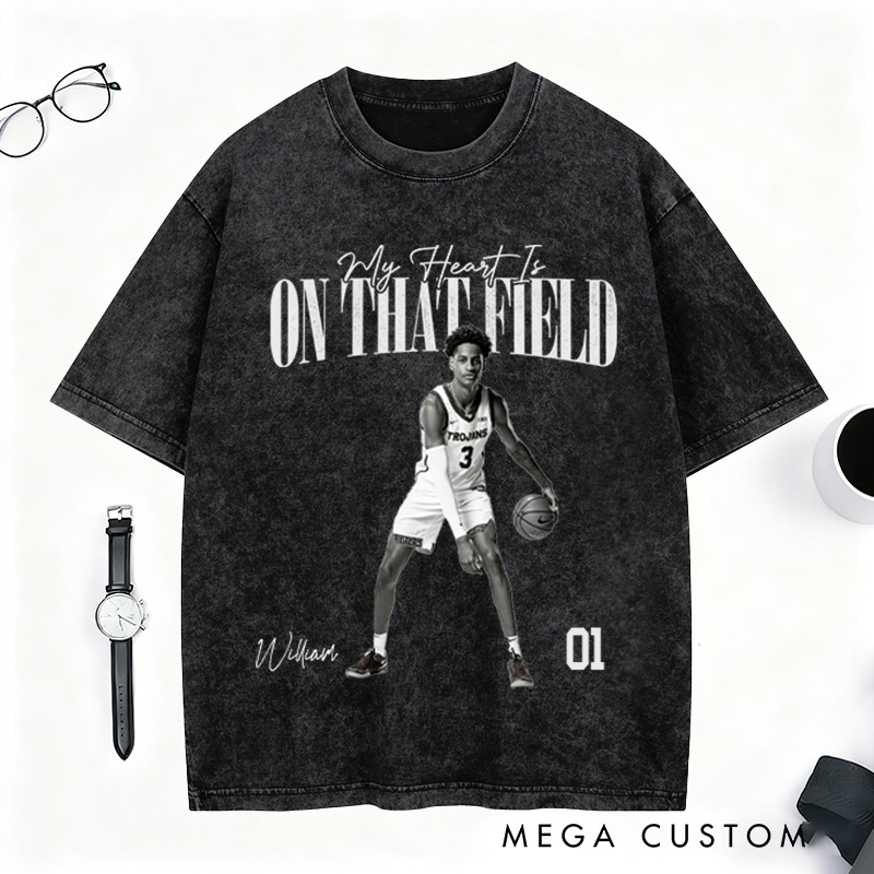 Personalized "My Heart Is on That Field" Washed T-Shirt with Custom Basketball Player Photo and Detail For Sport Fans