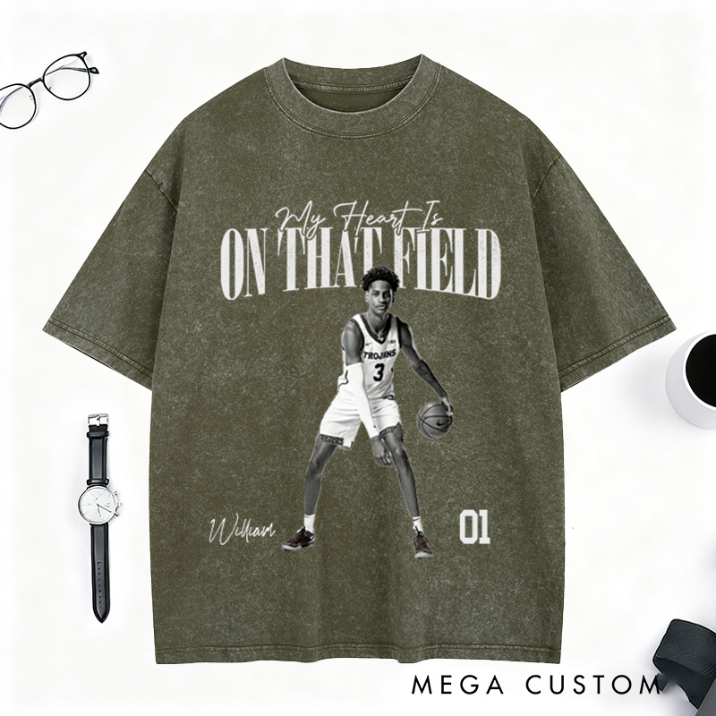 Personalized "My Heart Is on That Field" Washed T-Shirt with Custom Basketball Player Photo and Detail For Sport Fans