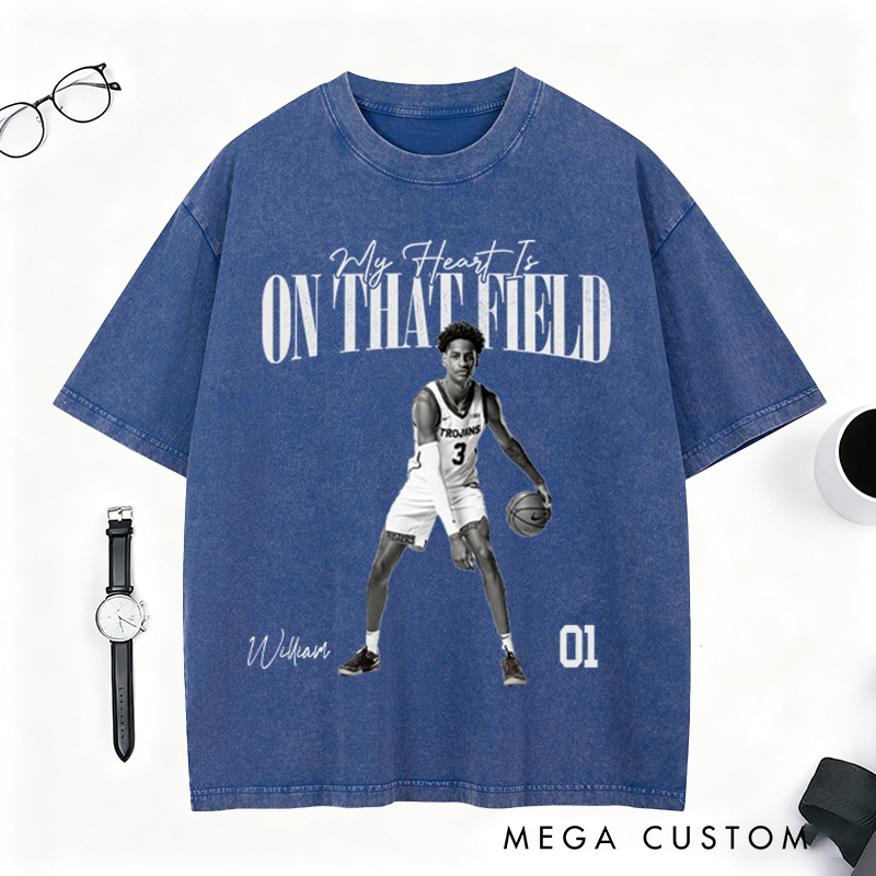 Personalized "My Heart Is on That Field" Washed T-Shirt with Custom Basketball Player Photo and Detail For Sport Fans