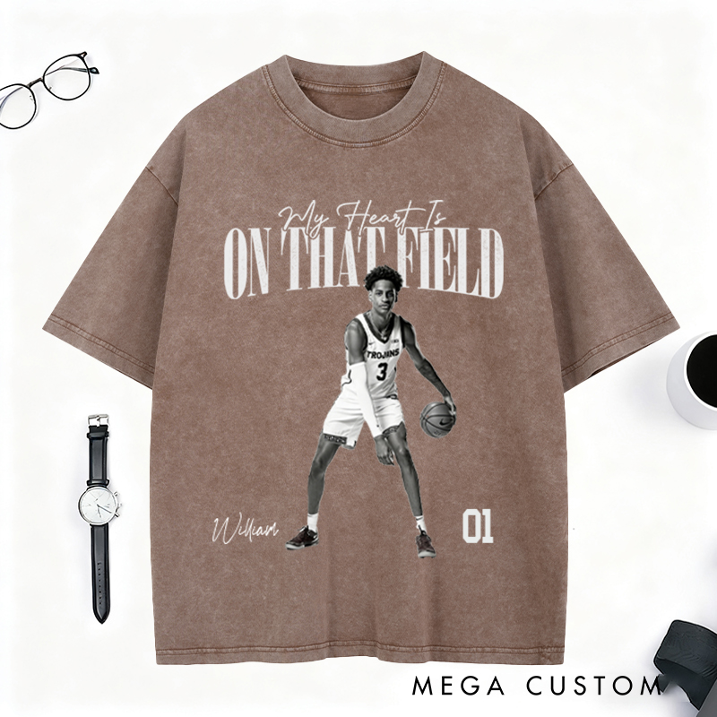 Personalized "My Heart Is on That Field" Washed T-Shirt with Custom Basketball Player Photo and Detail For Sport Fans