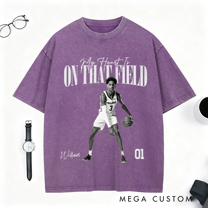 Personalized "My Heart Is on That Field" Washed T-Shirt with Custom Basketball Player Photo and Detail For Sport Fans