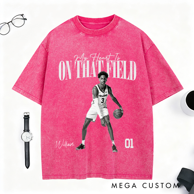 Personalized "My Heart Is on That Field" Washed T-Shirt with Custom Basketball Player Photo and Detail For Sport Fans