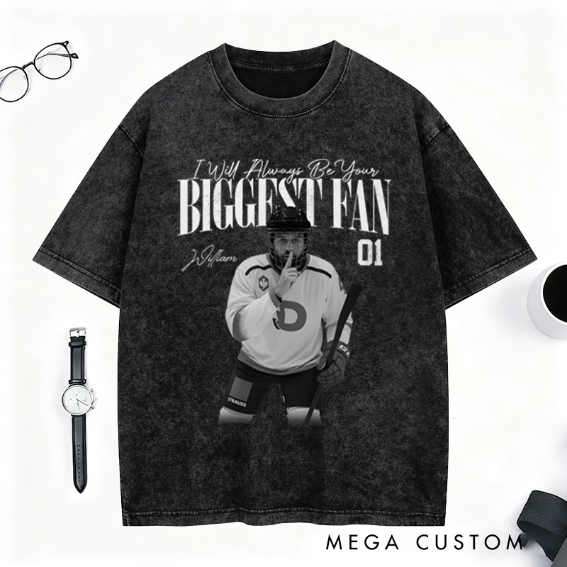 Personalized Ice Hockey Fan Washed T-Shirt with Custom Player Image, Name, and Number
