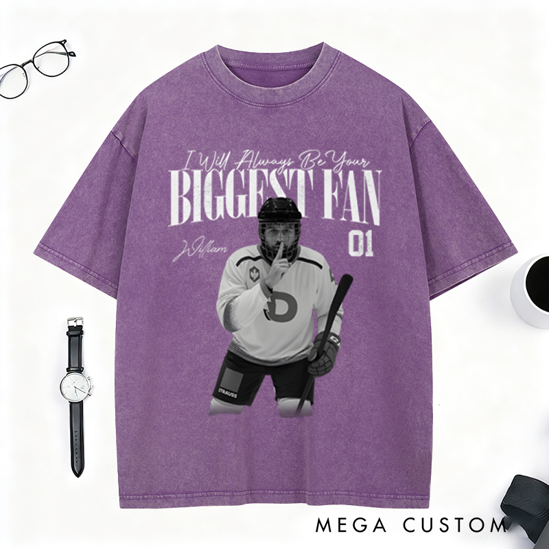 Personalized Ice Hockey Fan Washed T-Shirt with Custom Player Image, Name, and Number