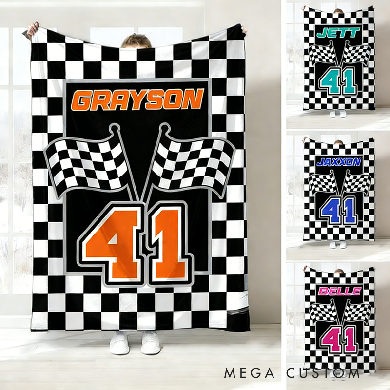 Personalized Racing Gifts Custom Name and Number Blanket with Checkerboard Flag Design Black and White Throw for Racing and Car Lovers
