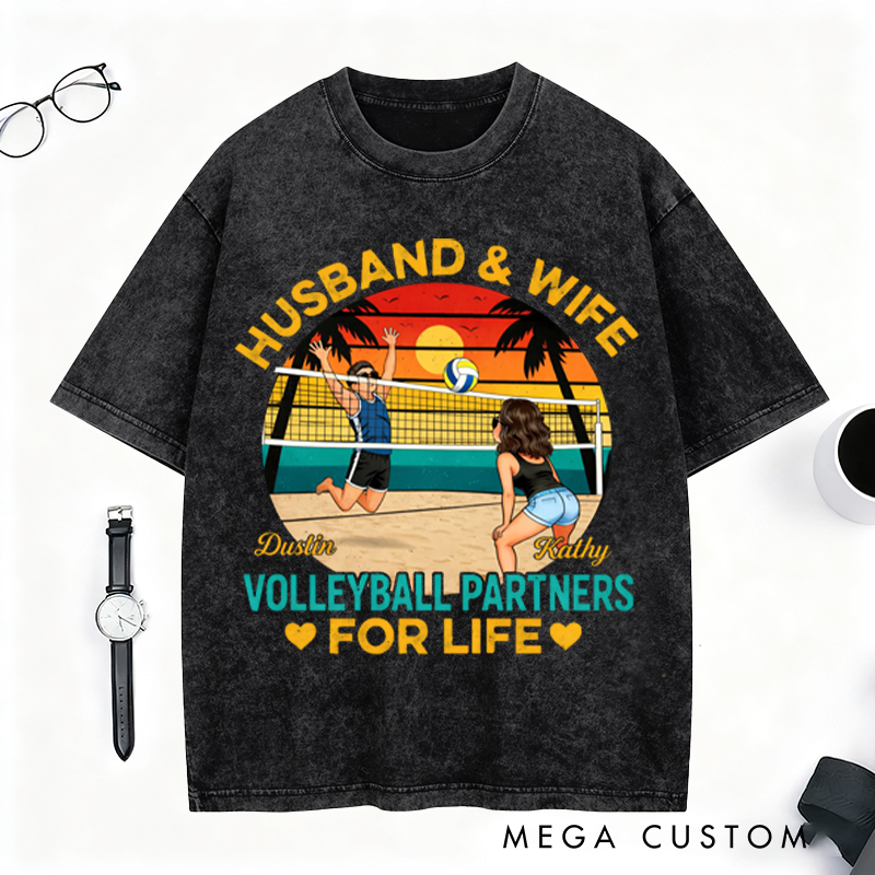 Personalized Volleyball Partners for Life T-Shirt with Custom Names for Husband and Wife