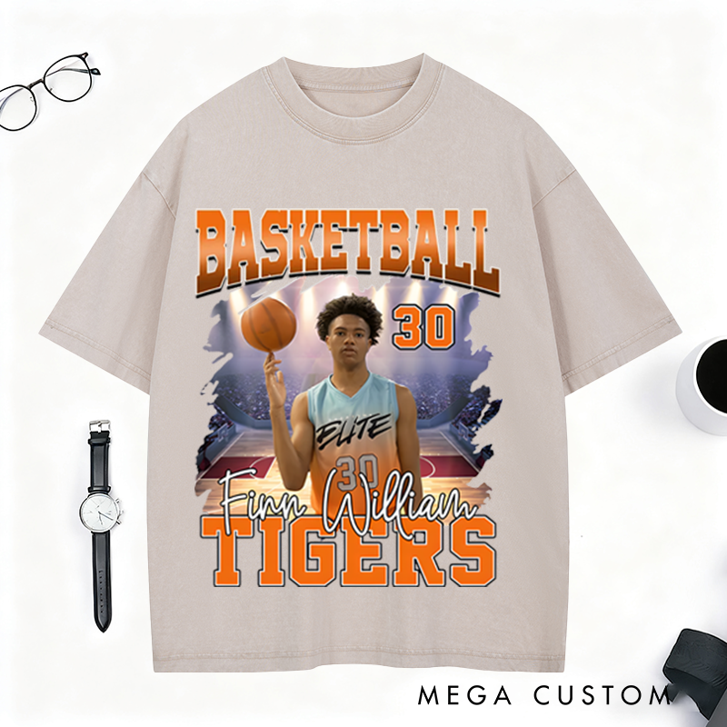 Personalized Basketball Washed T-Shirt Featuring Custom Photo and Team Design