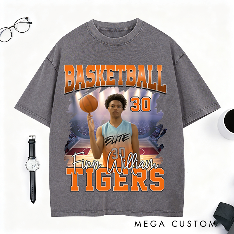 Personalized Basketball Washed T-Shirt Featuring Custom Photo and Team Design