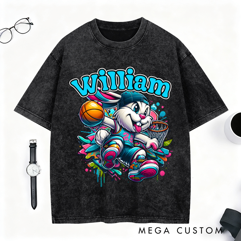 Personalized Easter Basketball Washed T-Shirt with Custom Name Design