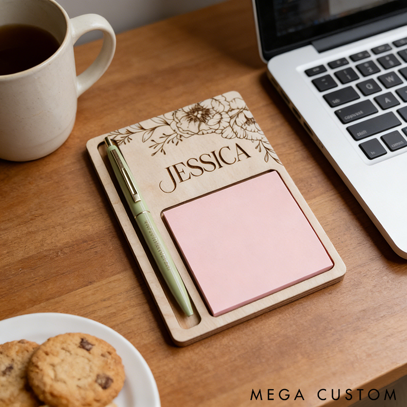 Personalized Engraved Wooden Notepad Holder Sticky Notes Holder with Pen Slot Perfect for Office Home and Gift Ideas
