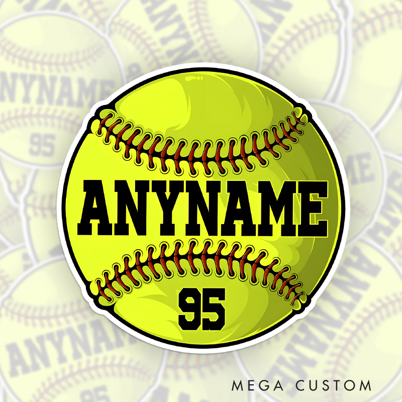 Personalized Softball Decal with Bold Custom Name and Number on Bright Yellow Ball Design