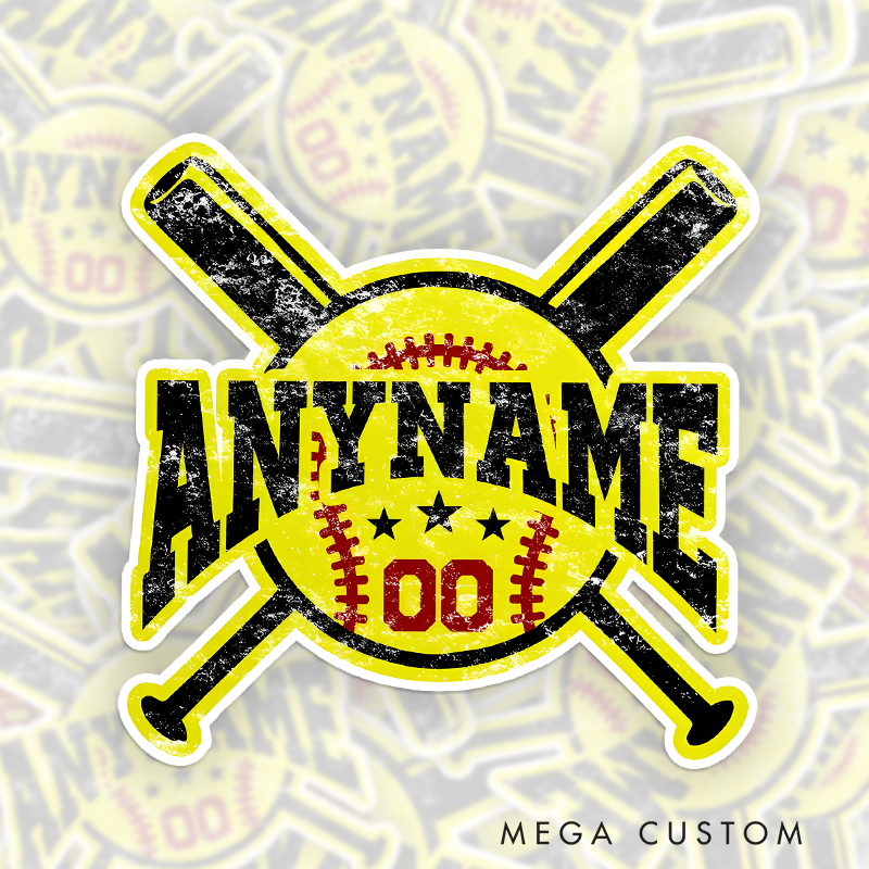 Personalized Softball Decal with Custom Name Number Crossed Bats and Distressed Yellow Ball Design
