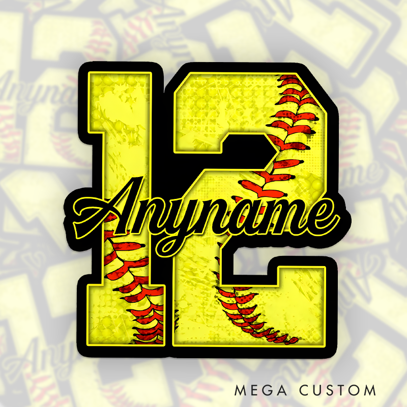 Personalized Softball Decal with Custom Name and Number in Bold Yellow Design Featuring Red Stitching and Textured Background