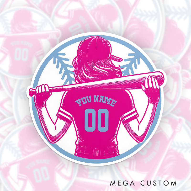 Personalized Softball Decal with Custom Name and Number Featuring a Stylish Female Player Silhouette Holding a Bat in a Bold Pink and Blue Design