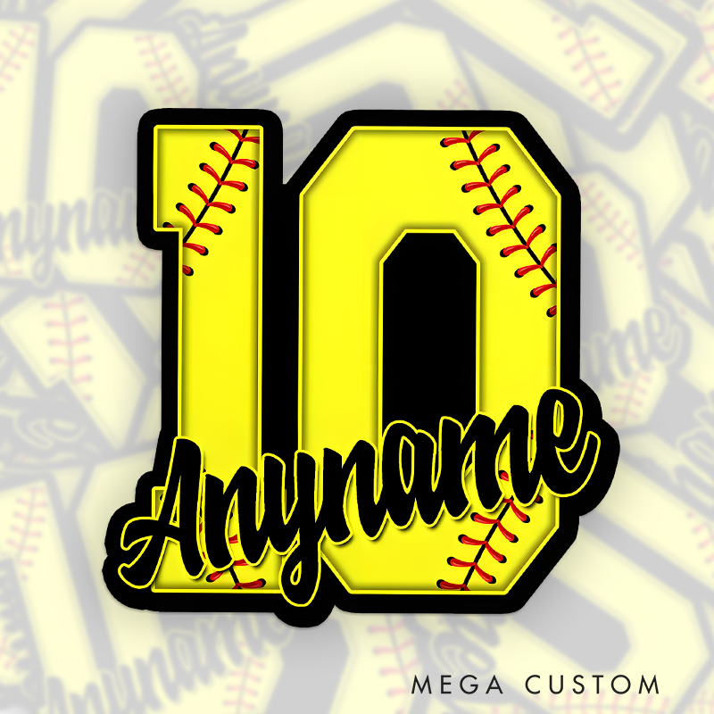 Personalized Softball Decal with Custom Name and Number in Bold Yellow Block Design Featuring Red Stitching and Black Outline