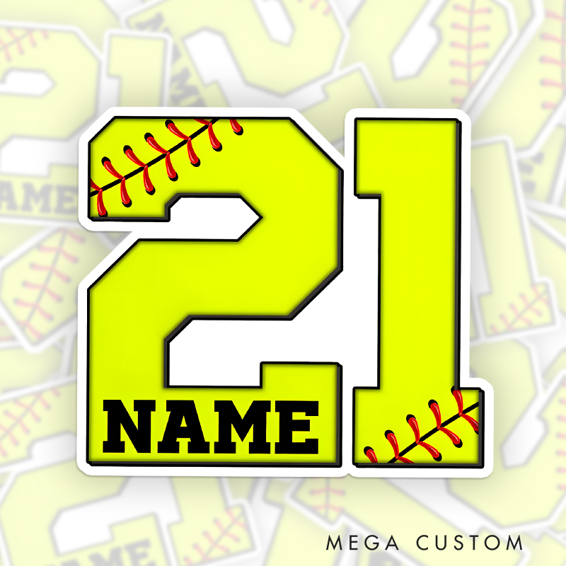Personalized Softball Decal with Custom Name and Number in Bold Yellow Block Style Featuring Red Stitching Details and Black Accents