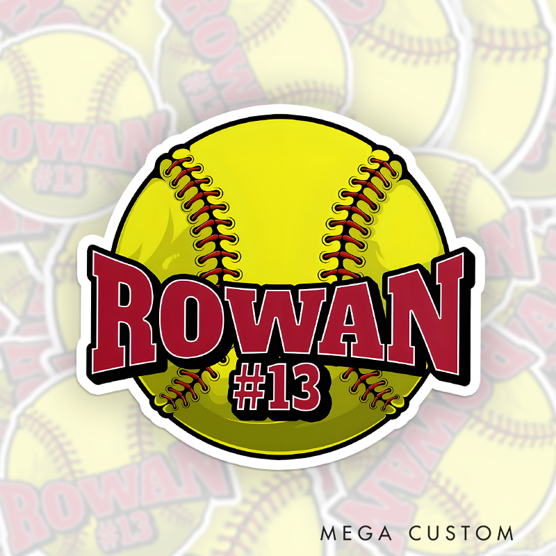 Personalized Softball Decal with Custom Name and Number on a Vibrant Yellow Softball Design Featuring Bold Red Lettering Black Outline and Realistic Stitching