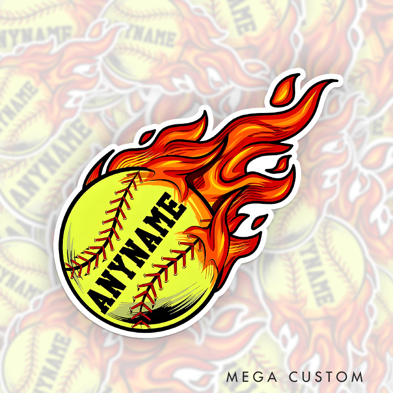 Personalized Softball Decal with Custom Name on a Vibrant Flaming Yellow Softball Design Featuring Bold Black Lettering Red Stitching and Dynamic Fire Effects