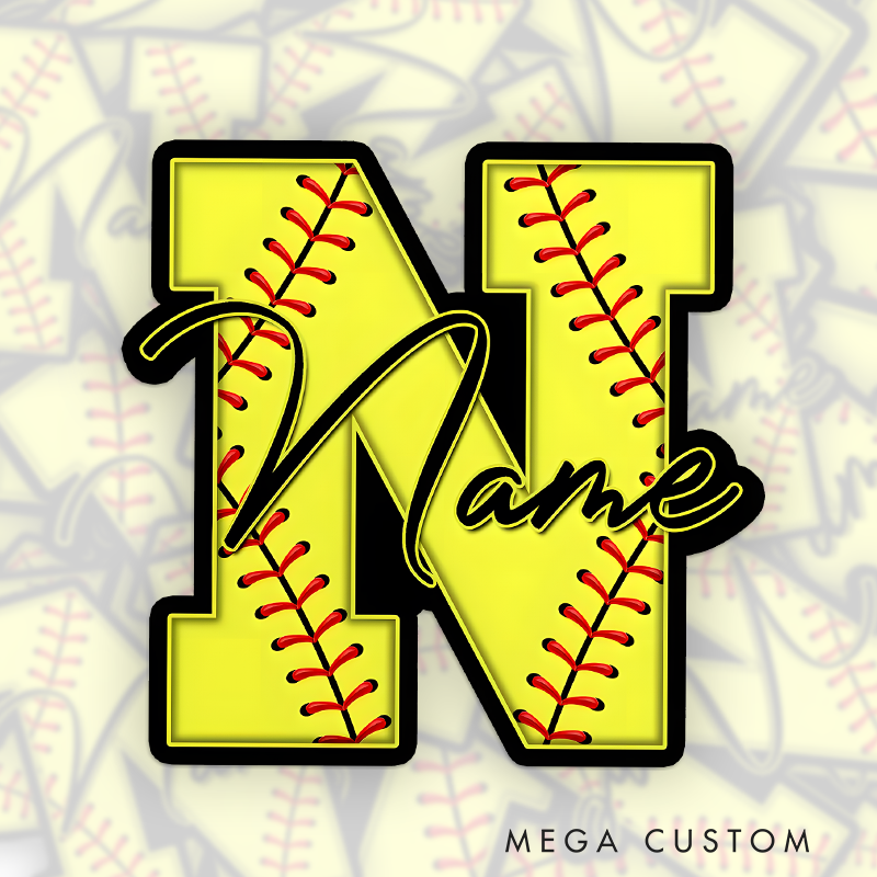 Personalized Softball Decal with Custom Initial and Name in a Bold Yellow Block Design Featuring Red Softball Stitching Black Outline and Stylish Script Font