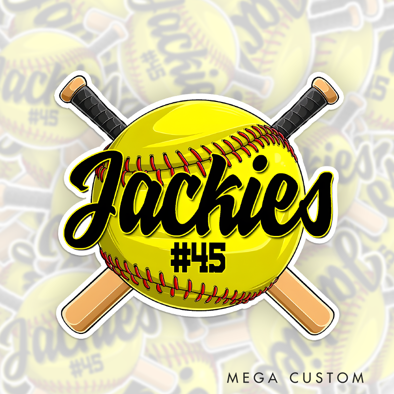 Personalized Softball Decal with Custom Name and Number on a Bright Yellow Softball Design Featuring Red Stitching Crossed Wooden Bats Bold Black Script Lettering and Yellow Highlights