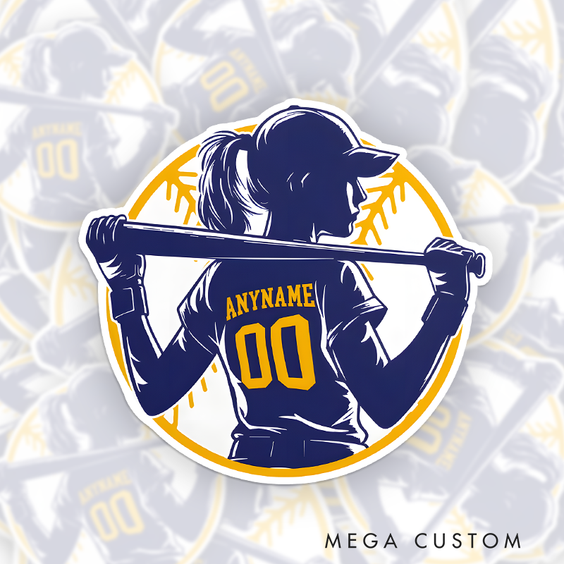 Personalized Softball Decal Featuring a Dynamic Female Player Silhouette Holding a Bat with Custom Name and Number in Bold Yellow Text Encased in a Circular Softball Stitch Design