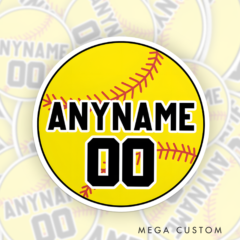 Personalized Softball Decal with Custom Name and Number on a Vibrant Yellow Softball Design Featuring Bold Black and White Block Lettering Realistic Red Stitching and a Clean Circular Layout