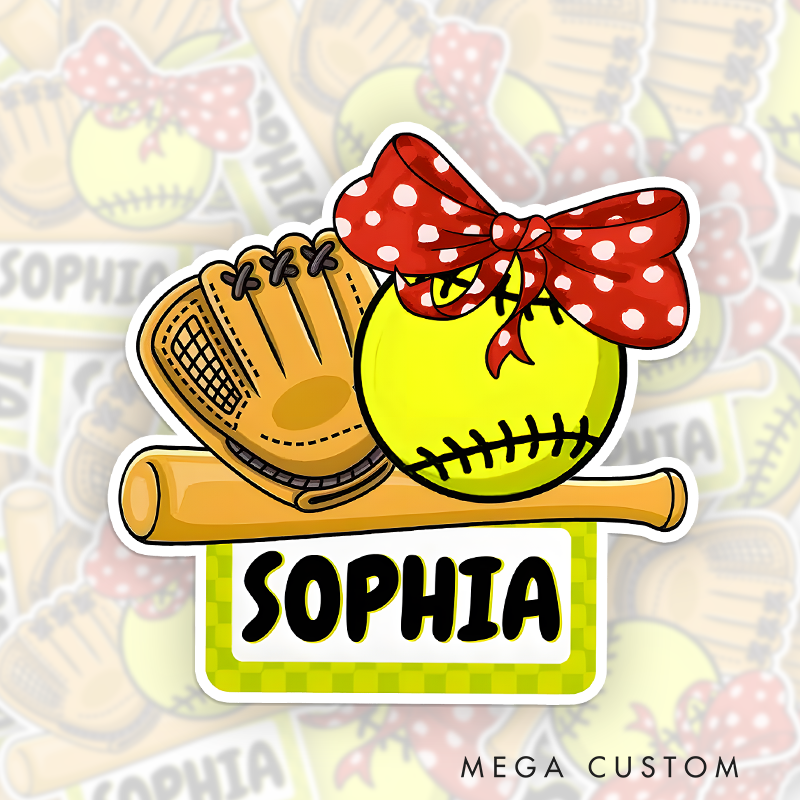 Personalized Softball Decal Featuring Custom Name Displayed on a Bright Yellow Checkered Nameplate with a Vibrant Yellow Softball Adorned with a Red Polka Dot Bow Paired with a Softball Glove and Wooden Bat