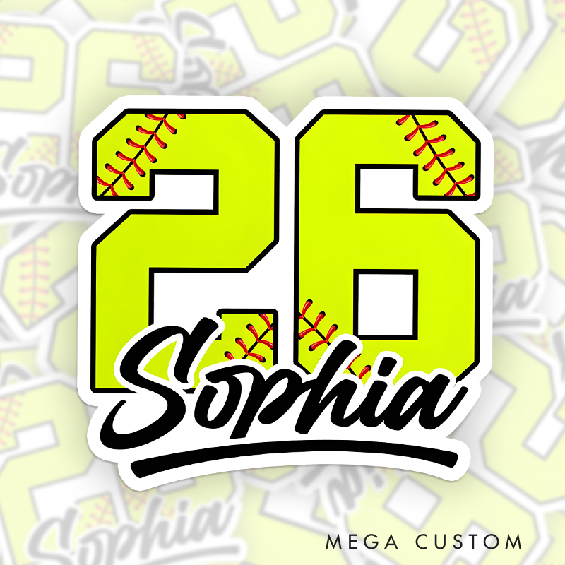 Personalized Softball Decal Featuring a Bold Custom Number in Vibrant Yellow with Realistic Red Softball Stitching Accented by a Custom Name in Elegant Black Script Lettering and a Dynamic Underline