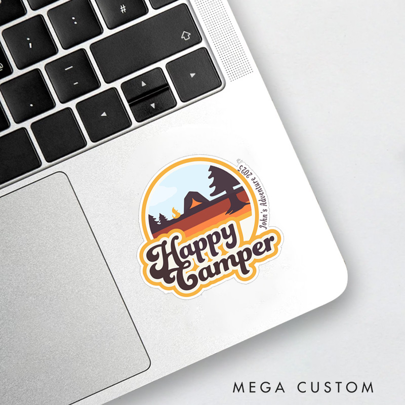 Personalized Happy Camper Stickers Hiking Camping Adventure Sticker for Nature Travelers Outdoors Lover Gift