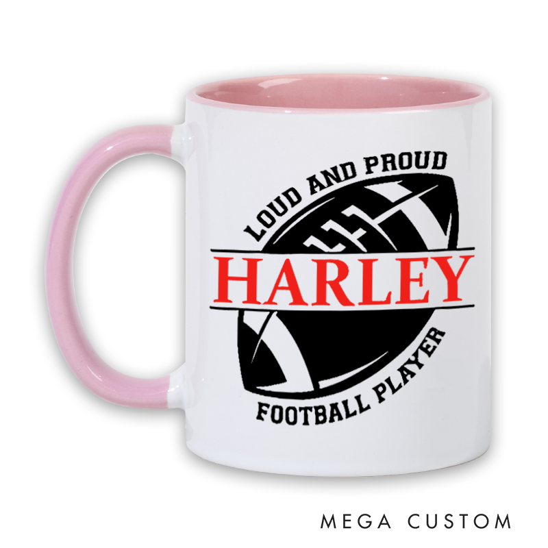 Personalized Rugby Mug with Custom Name Loud and Proud Football Player Design Durable Ceramic and Two Tone Handle