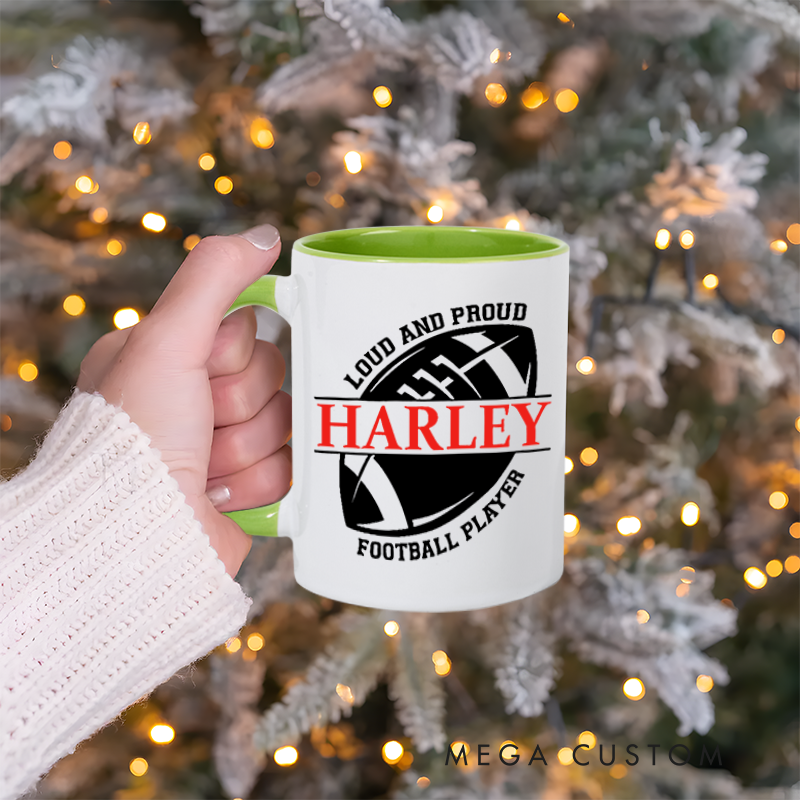 Personalized Rugby Mug with Custom Name Loud and Proud Football Player Design Durable Ceramic and Two Tone Handle