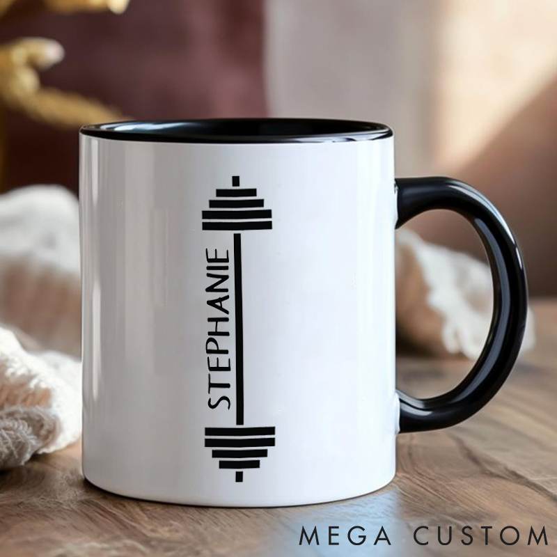 Personalized Fitness Mug with Barbell Graphic Gift Motivational Coffee Cup for Fitness Enthusiasts Bodybuilders and Gym Lovers