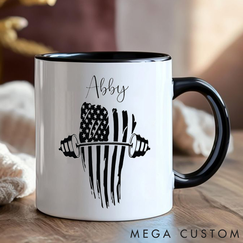 Personalized Fitness Mug with American Flag Barbell Gift Motivational Coffee Cup for Fitness Enthusiasts Bodybuilders and Gym Lovers