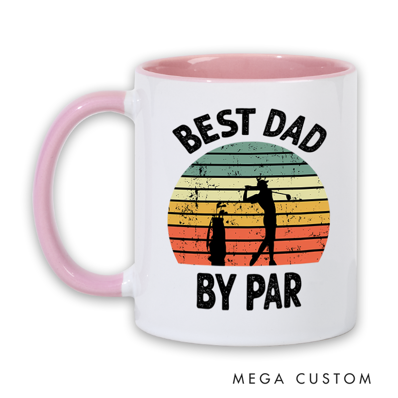 Personalized Golf Mug with Custom Title By Par Design Retro Sunset Style and Two Tone Handle