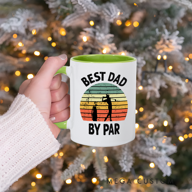 Personalized Golf Mug with Custom Title By Par Design Retro Sunset Style and Two Tone Handle