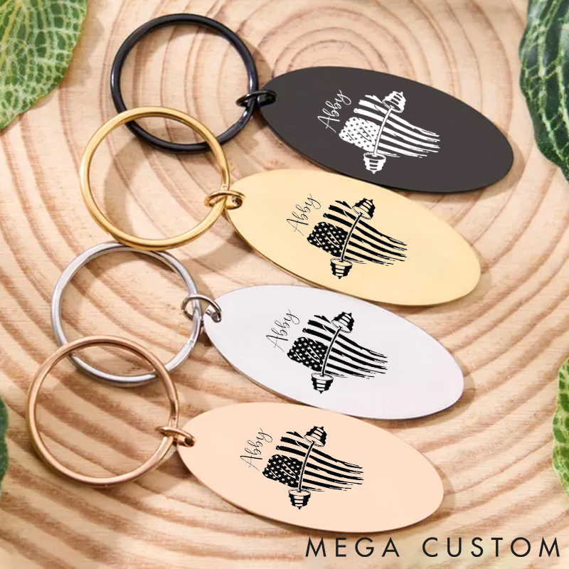 Personalized Engraved Barbell Keychain with American Flag Design for Fitness Enthusiasts Bodybuilders and Gym Lovers